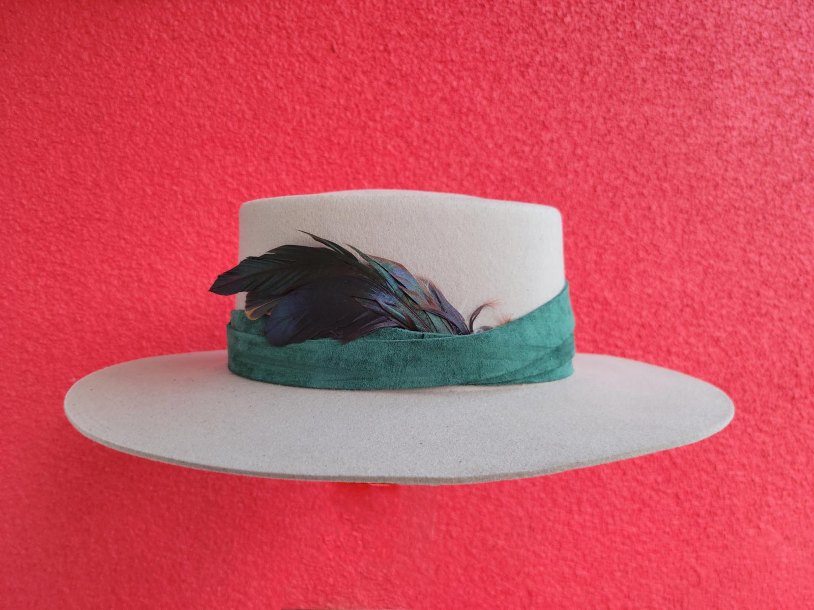 The Boater with Green Suede Band and Feather