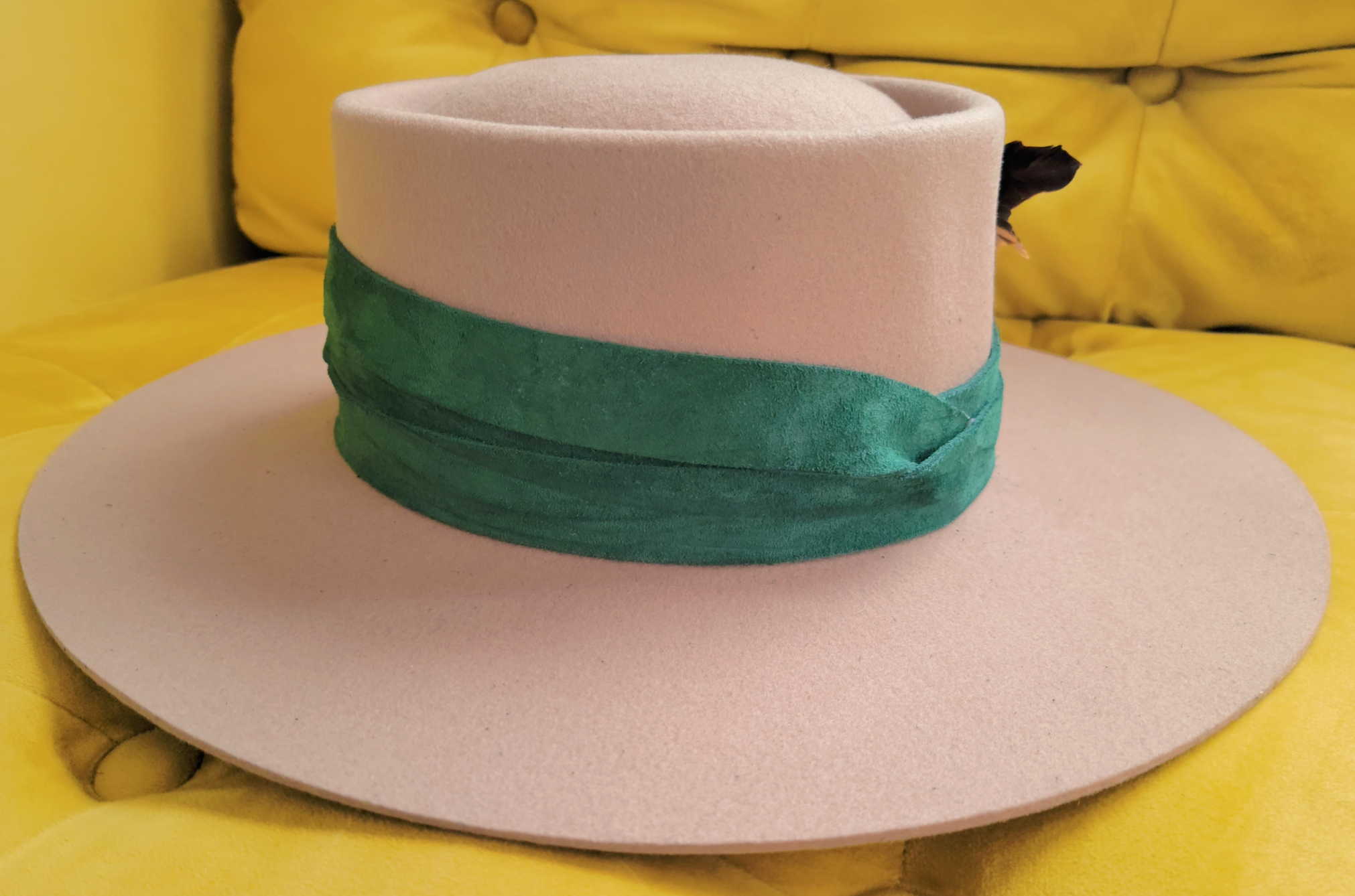 The Boater with Green Suede Band and Feather